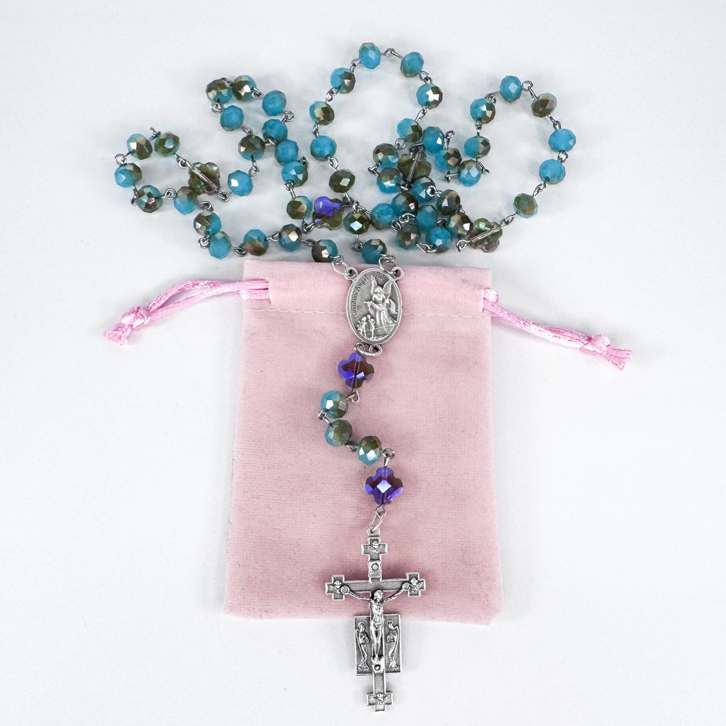 St Michael & Guardian Angel Iridescent Lake Blue Crystal Rosary