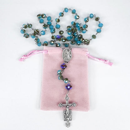 St Michael & Guardian Angel Iridescent Lake Blue Crystal Rosary
