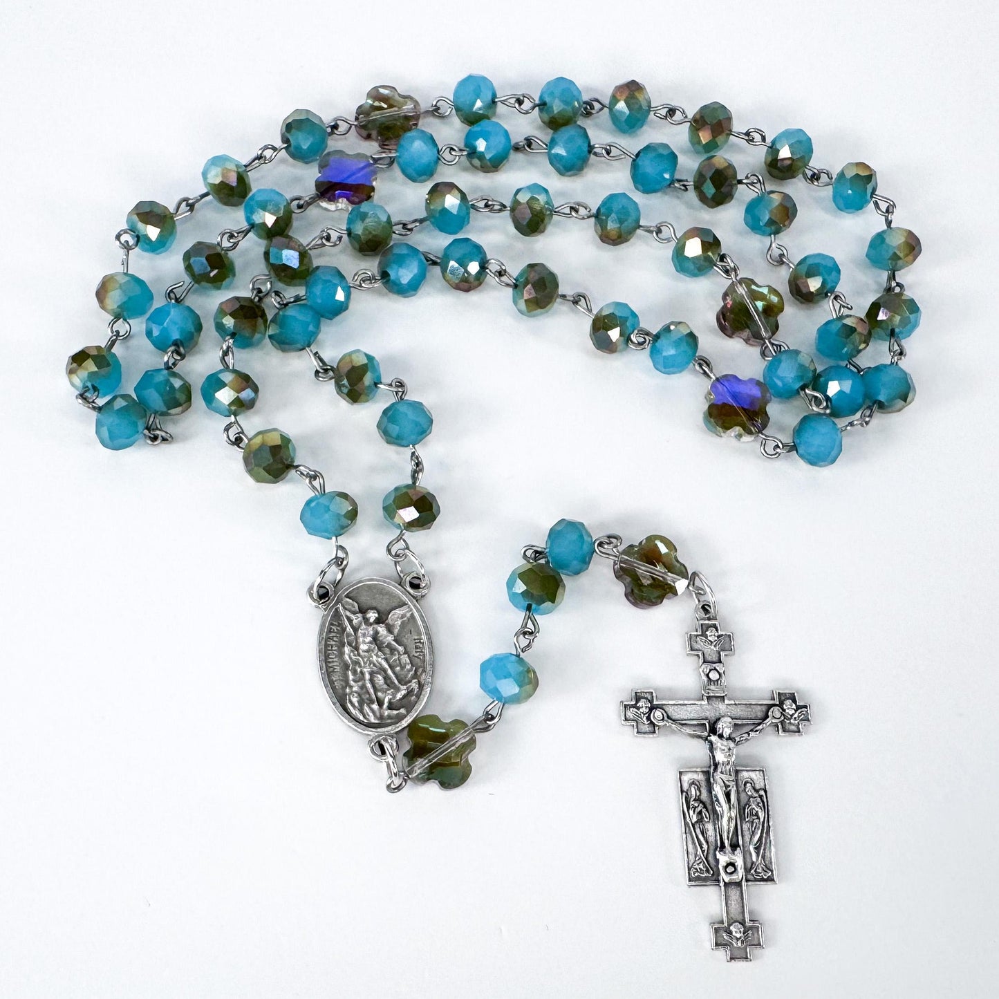 St Michael & Guardian Angel Iridescent Lake Blue Crystal Rosary