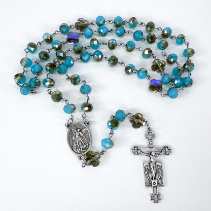 St Michael & Guardian Angel Iridescent Lake Blue Crystal Rosary