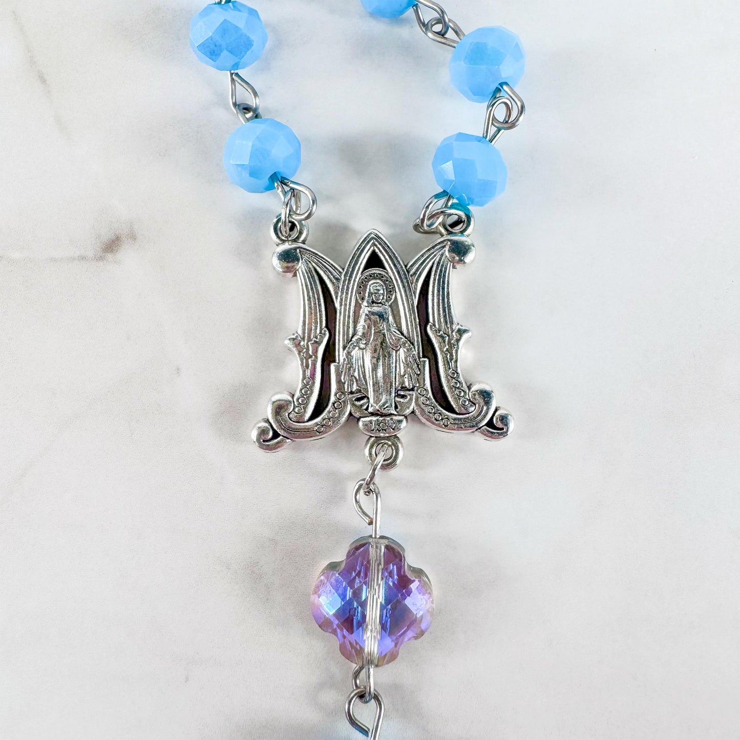 Catholic Rosary Gift Set – Light Blue Crystal Beads, Miraculous Medal Centerpiece with Matching Four-Way Medal Marker, RCIA Gifts for Adults