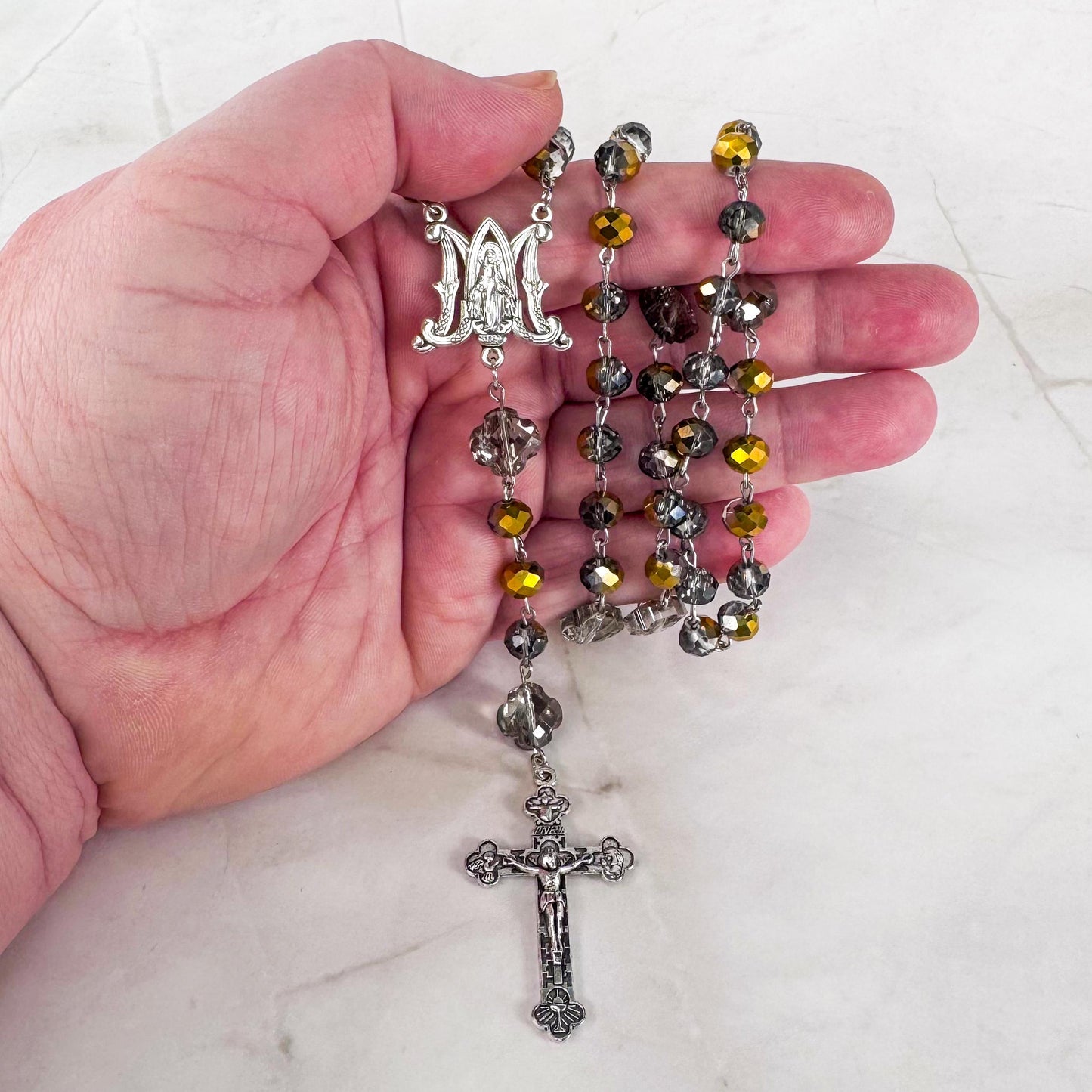 Catholic Rosary Gift Set –  Gold Crystal Beads, Miraculous Medal Centerpiece with Matching Four-Way Medal Marker, RCIA Gifts for Adults