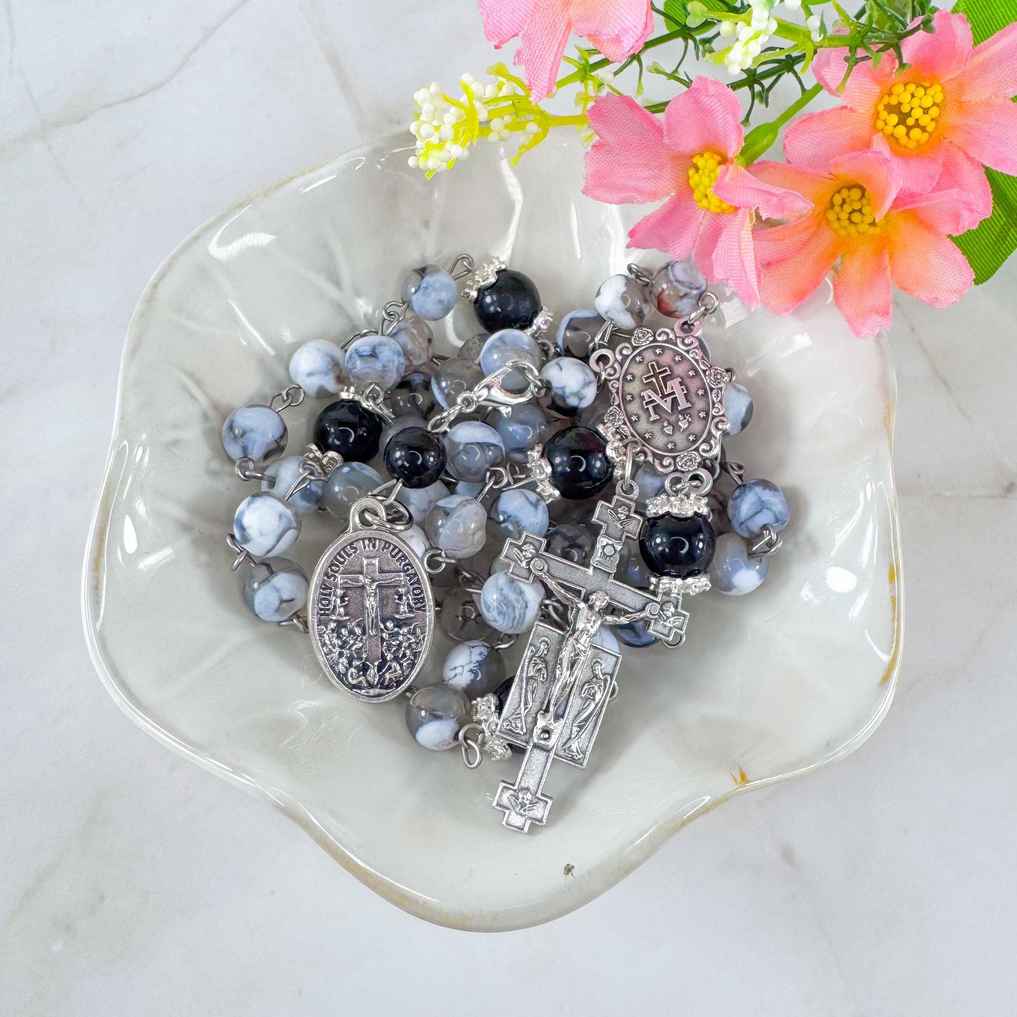 Holy Souls in Purgatory Black Onyx Beaded Rosary