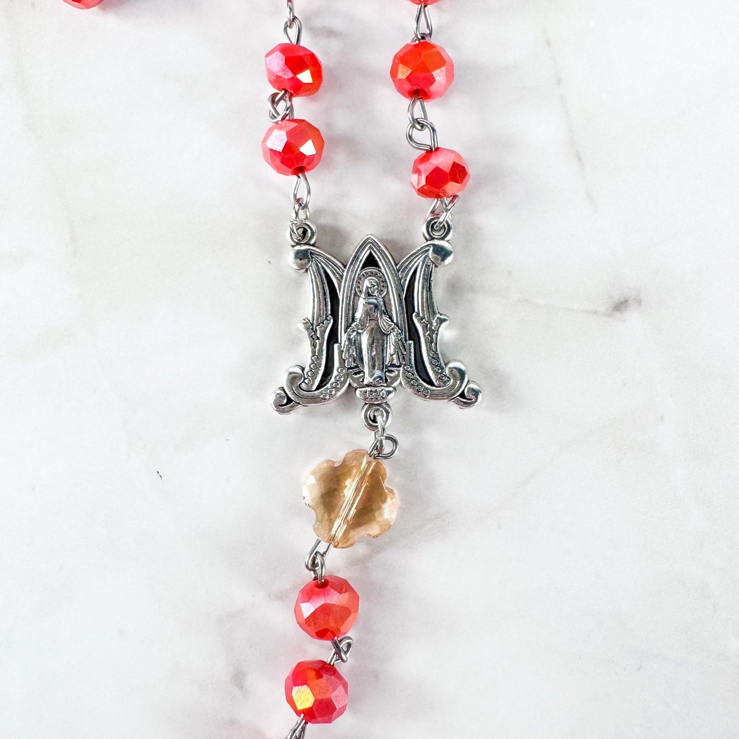 Catholic Rosary Gift Set – Coral Red Crystal Beads, Miraculous Medal Centerpiece with Matching Four-Way Medal Marker, RCIA Gifts for Adults