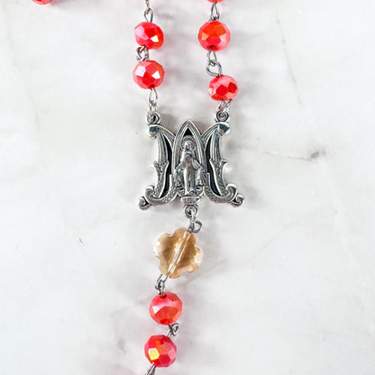 Catholic Rosary Gift Set – Coral Red Crystal Beads, Miraculous Medal Centerpiece with Matching Four-Way Medal Marker, RCIA Gifts for Adults