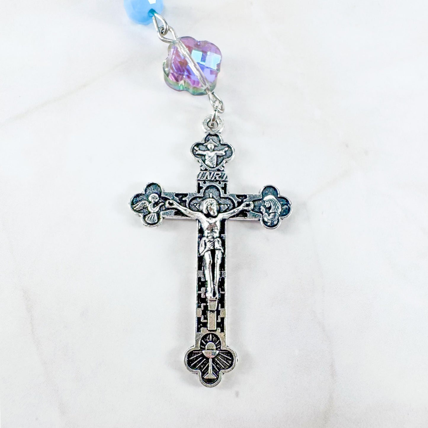 Catholic Rosary Gift Set – Light Blue Crystal Beads, Miraculous Medal Centerpiece with Matching Four-Way Medal Marker, RCIA Gifts for Adults