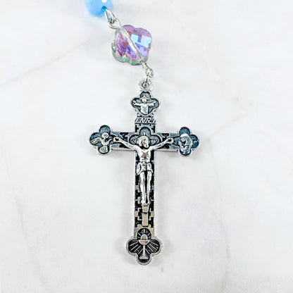 Catholic Rosary Gift Set – Light Blue Crystal Beads, Miraculous Medal Centerpiece with Matching Four-Way Medal Marker, RCIA Gifts for Adults