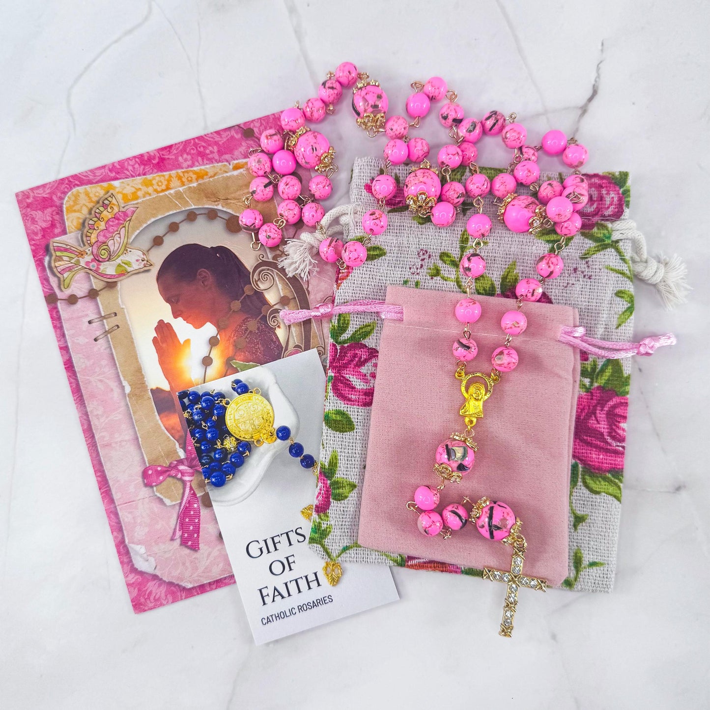 Our Lady of Peace Pink Terrazzo Shell Beaded Rosary