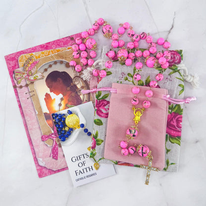 Our Lady of Peace Pink Terrazzo Shell Beaded Rosary