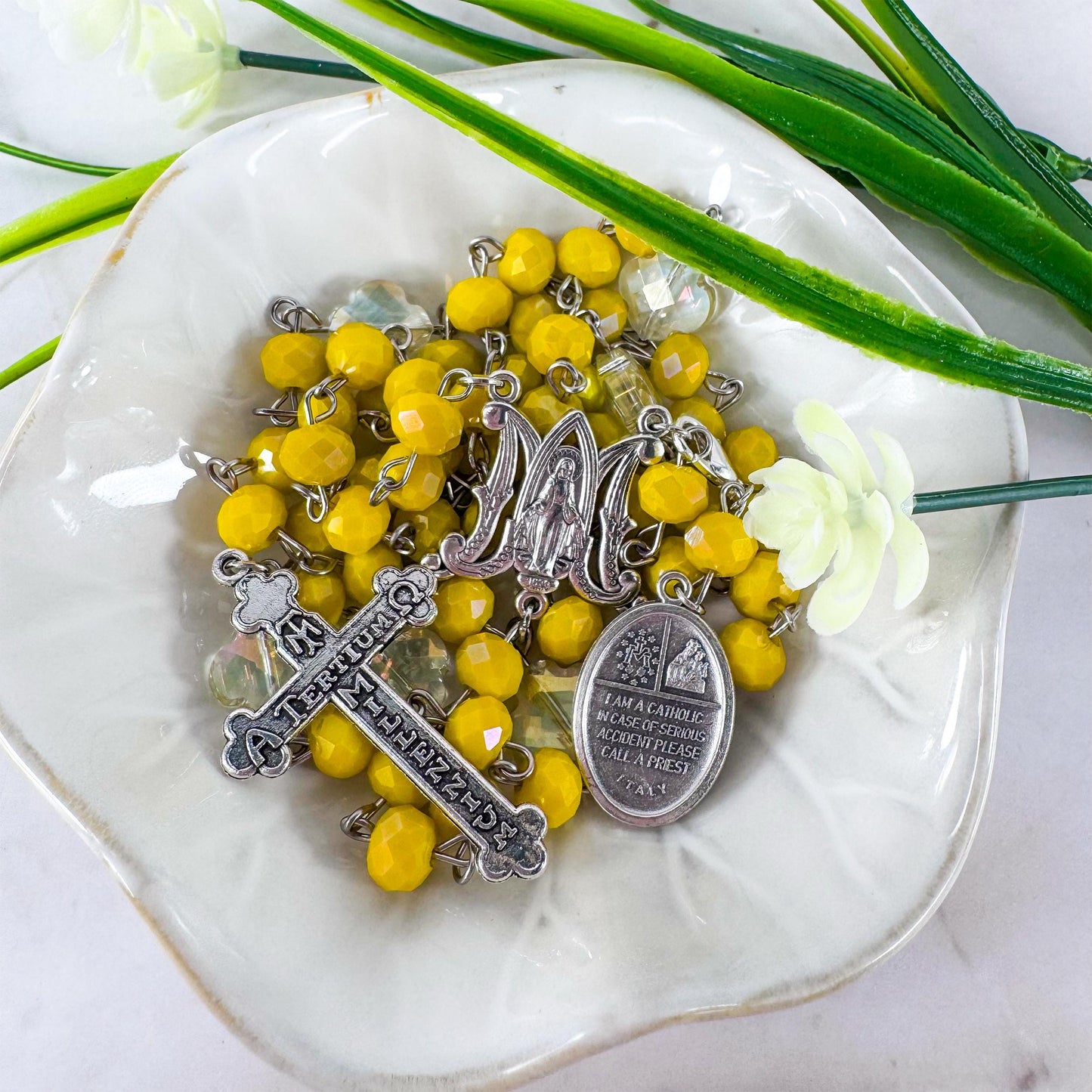 Catholic Rosary Gift Set – Yellow Crystal Beads, Miraculous Medal Centerpiece with Matching Four-Way Medal Marker, RCIA Gifts for Adults